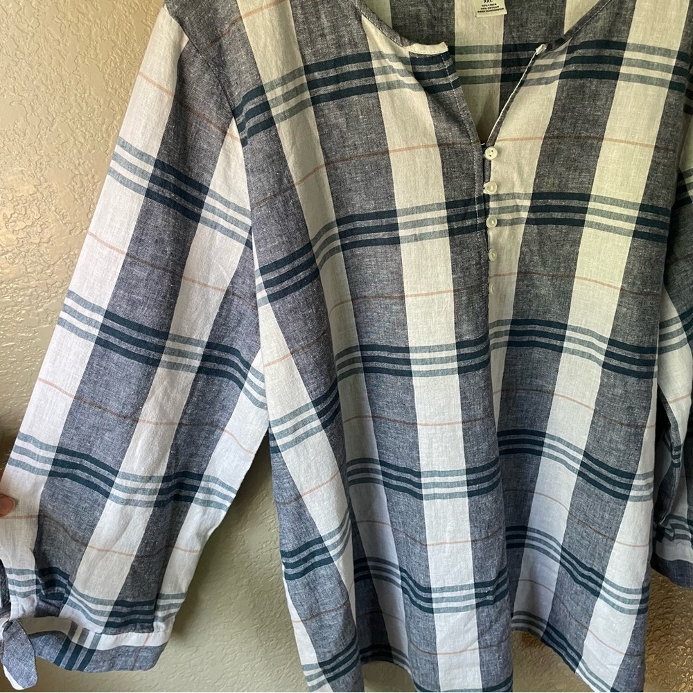 Liz Claiborne Womens XXL 2XL Linen Blend Blue Plaid Tunic 3/4 Tie Sleeve Blouse - Picture 5 of 10